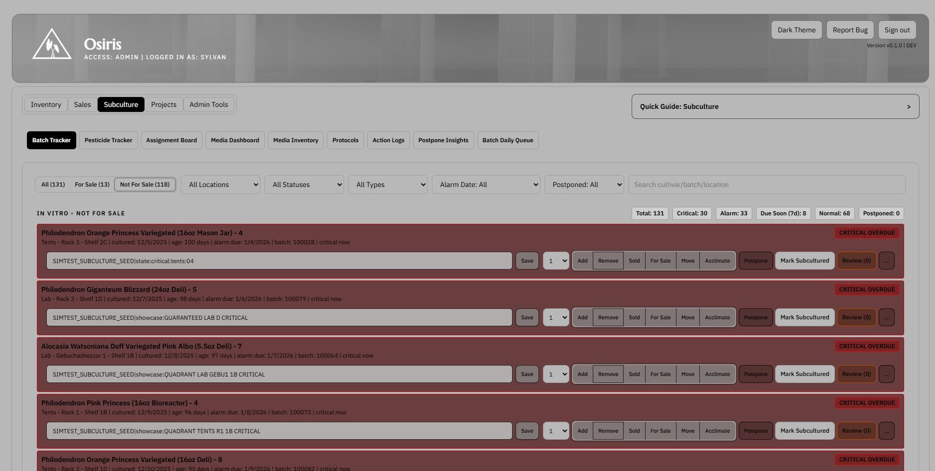 Batch tracker screenshot showing active subculture batches alarms and subculture actions