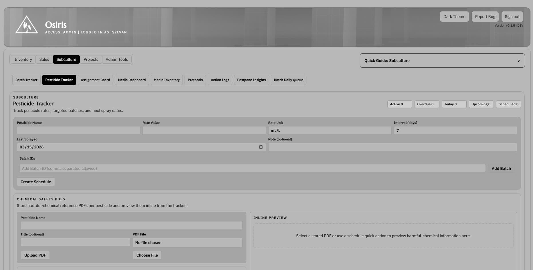 Pesticide tracker screenshot showing scheduled treatments and linked chemical safety information