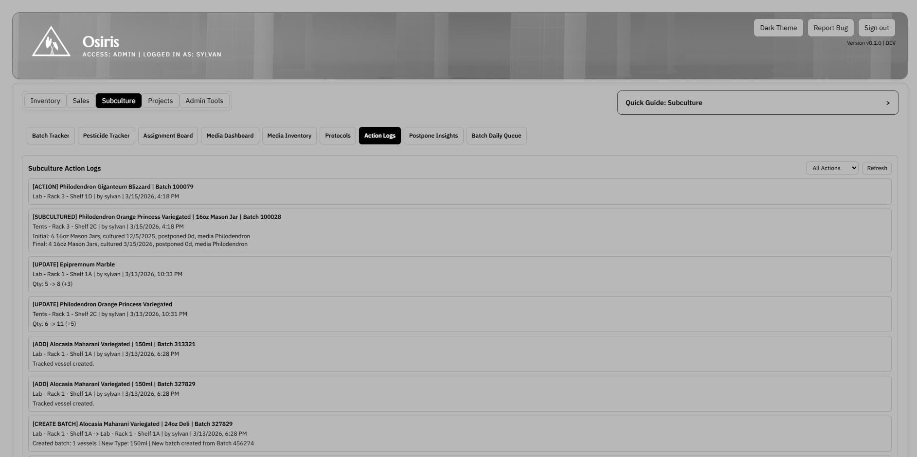 Action logs screenshot showing recent subculture events and operator history