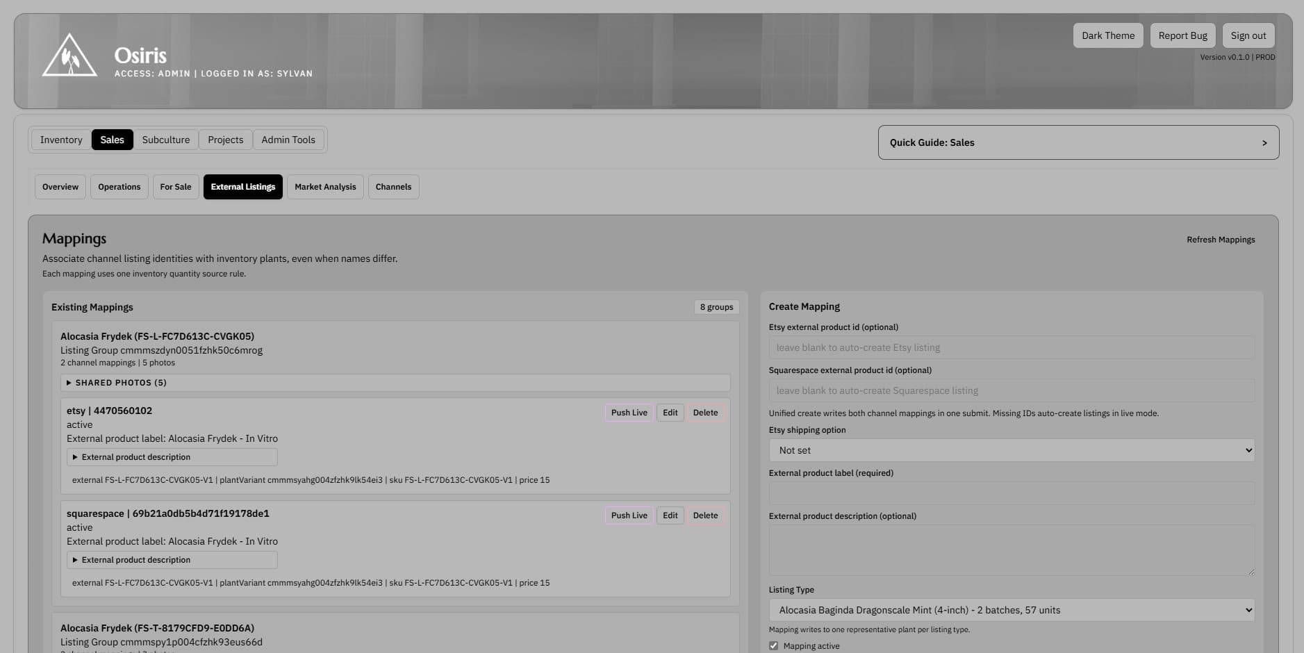 External listings screenshot showing e-commerce listing management tied to lab inventory