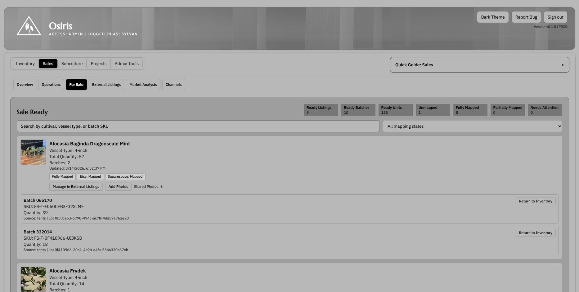 For sale screenshot showing sale ready inventory with mapping states and batch details