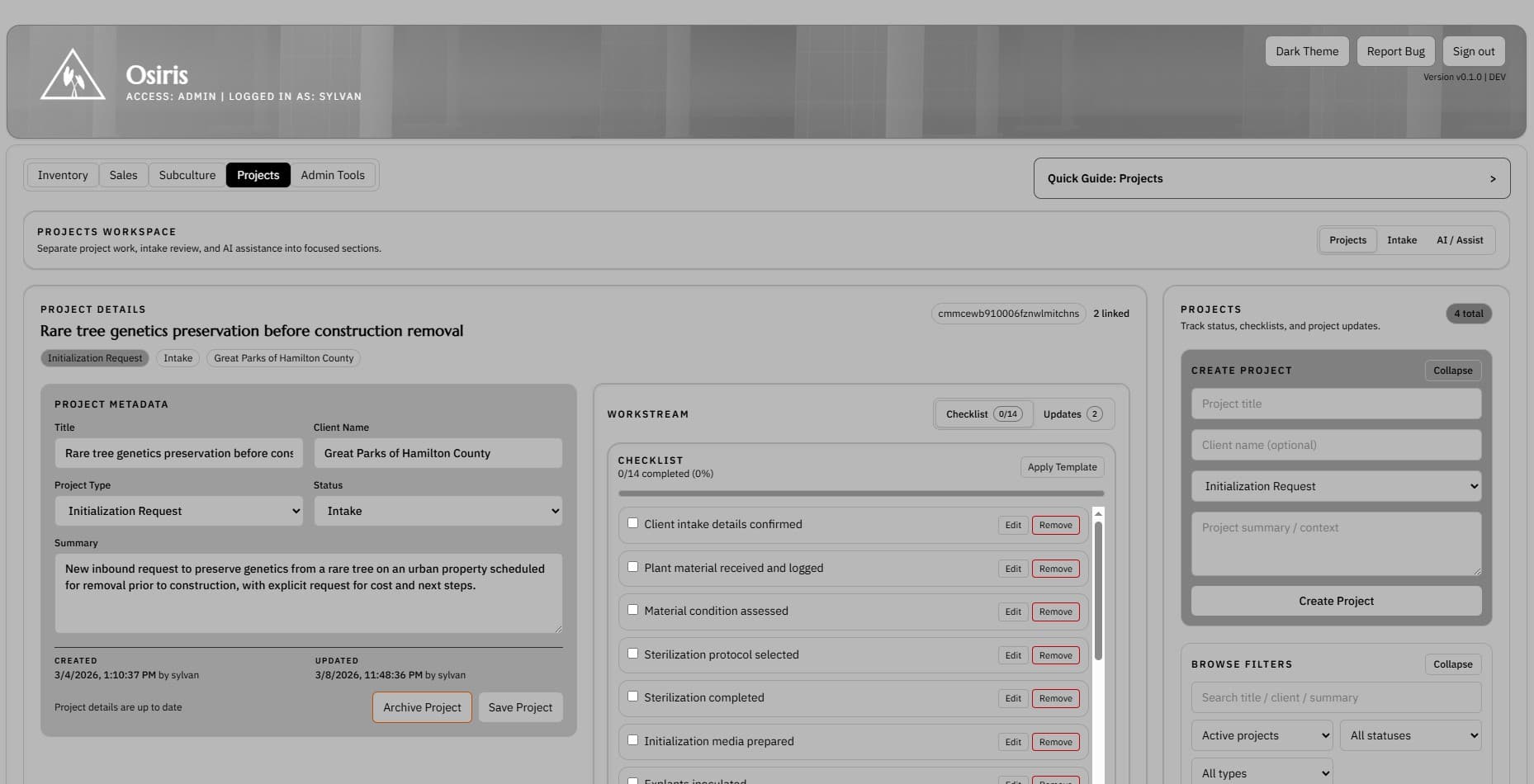 Projects intake screenshot showing project tracking fields and linked vessel context