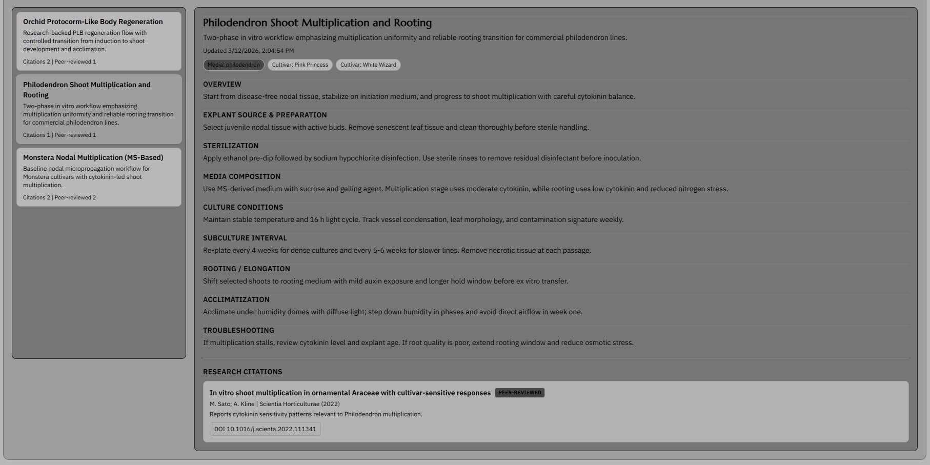 Protocol library screenshot showing a selected protocol with detailed tissue culture steps and citations